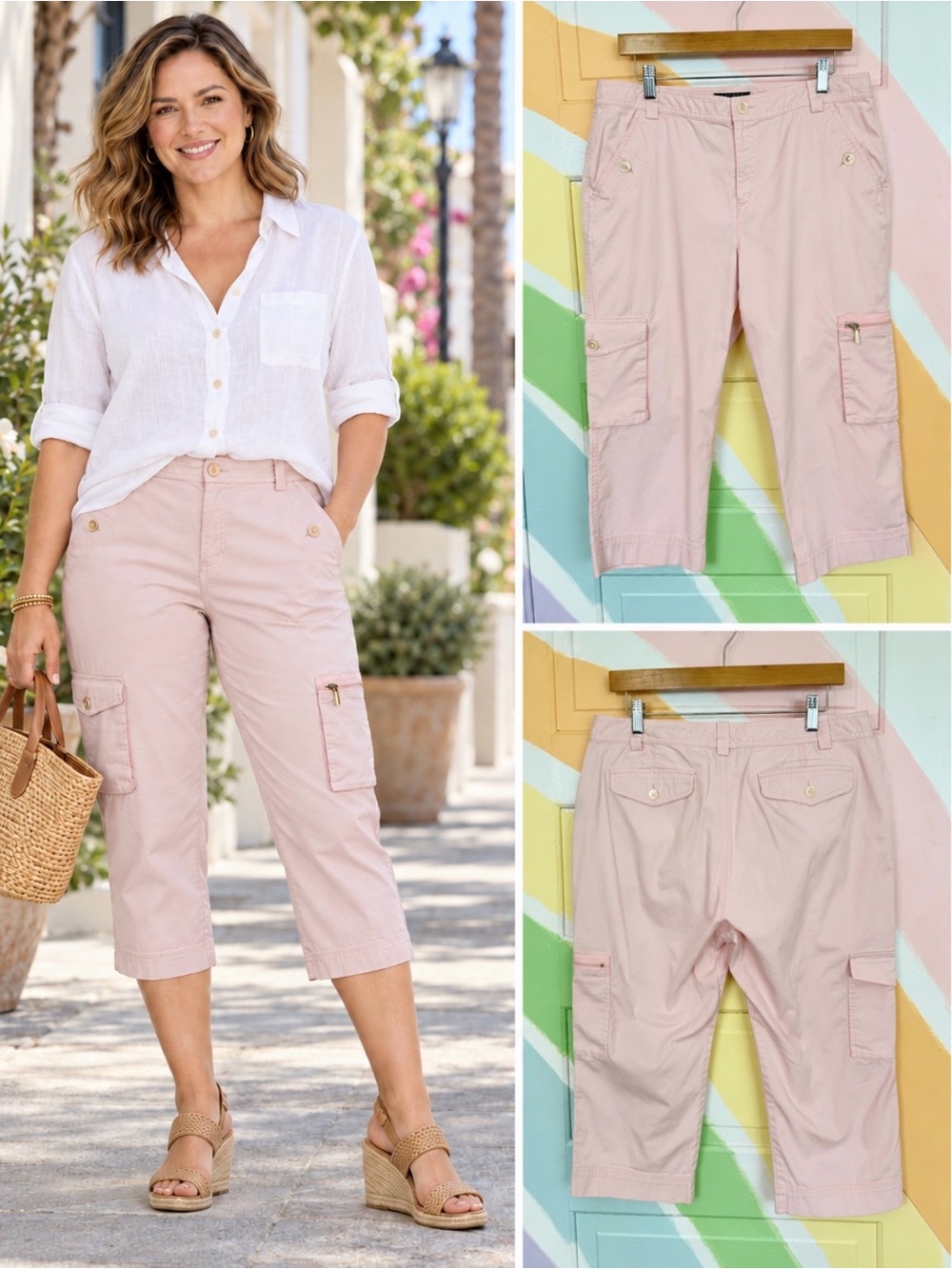 Vintage Y2K Lauren Ralph Lauren Pink Cargo Capri Pants Sz 12 💚🍄
